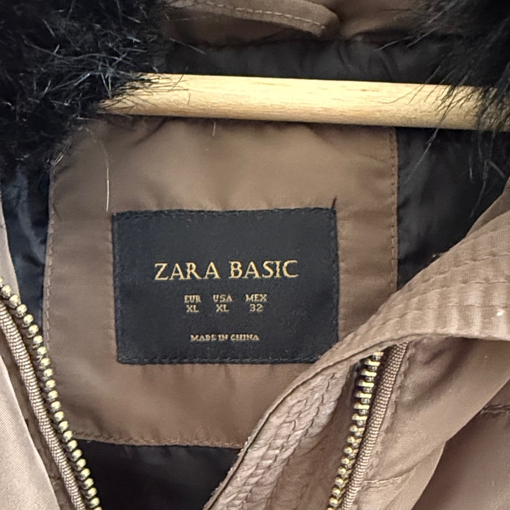 Zara Basic Tan Puffer Jacket With Black Faux Fur - image 2